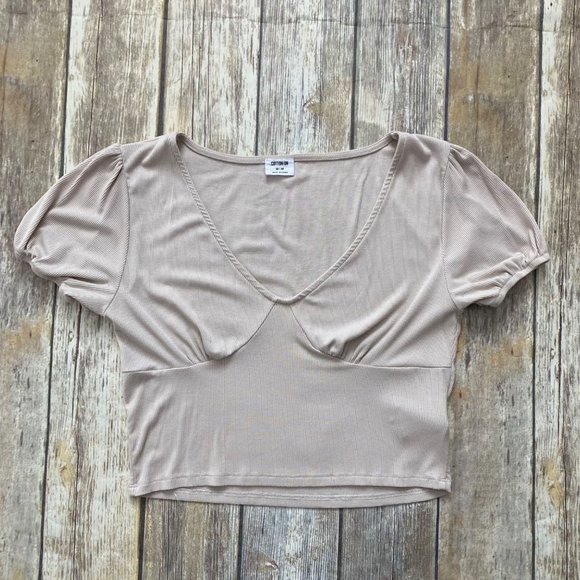 Cotton On Beige Ribbed Puff Sleeve Crop Top - Picture 3 of 12